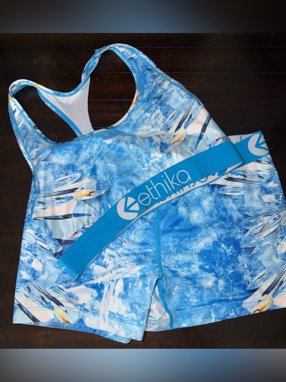 ethika Blue Marble Racerback Sports Bra and Shorts Set